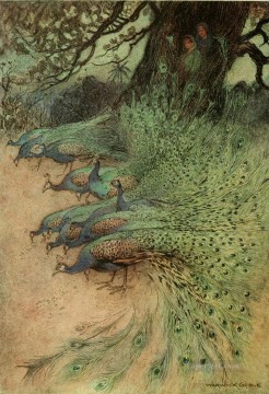  Tales Oil Painting - Warwick Goble Falk Tales of Bengal peacocks from India